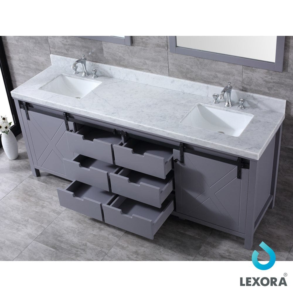 Lexora Marsyas 84" Dark Grey Double Vanity Set | White Carrara Marble Top | White Ceramic Square Undermount Sinks | 34" Mirrors