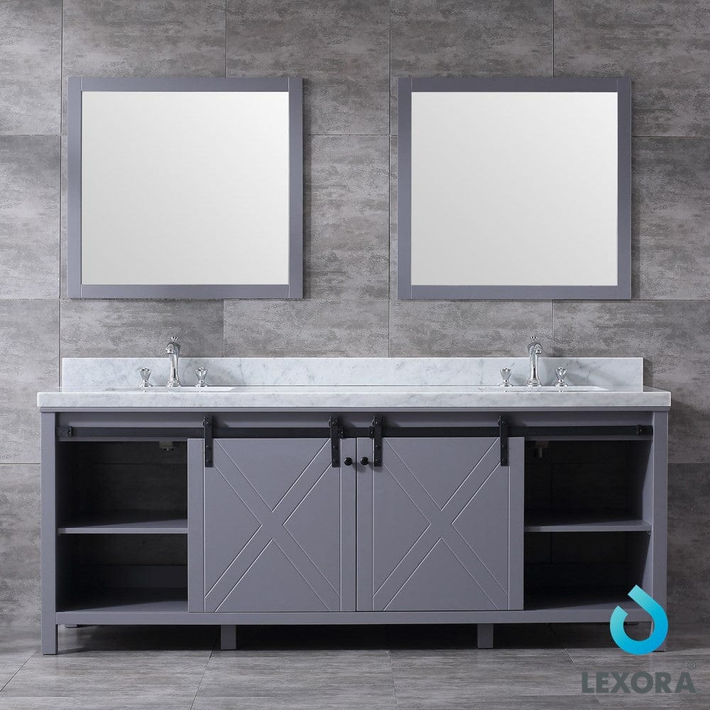Lexora Marsyas 84" Dark Grey Double Vanity Set | White Carrara Marble Top | White Ceramic Square Undermount Sinks | 34" Mirrors