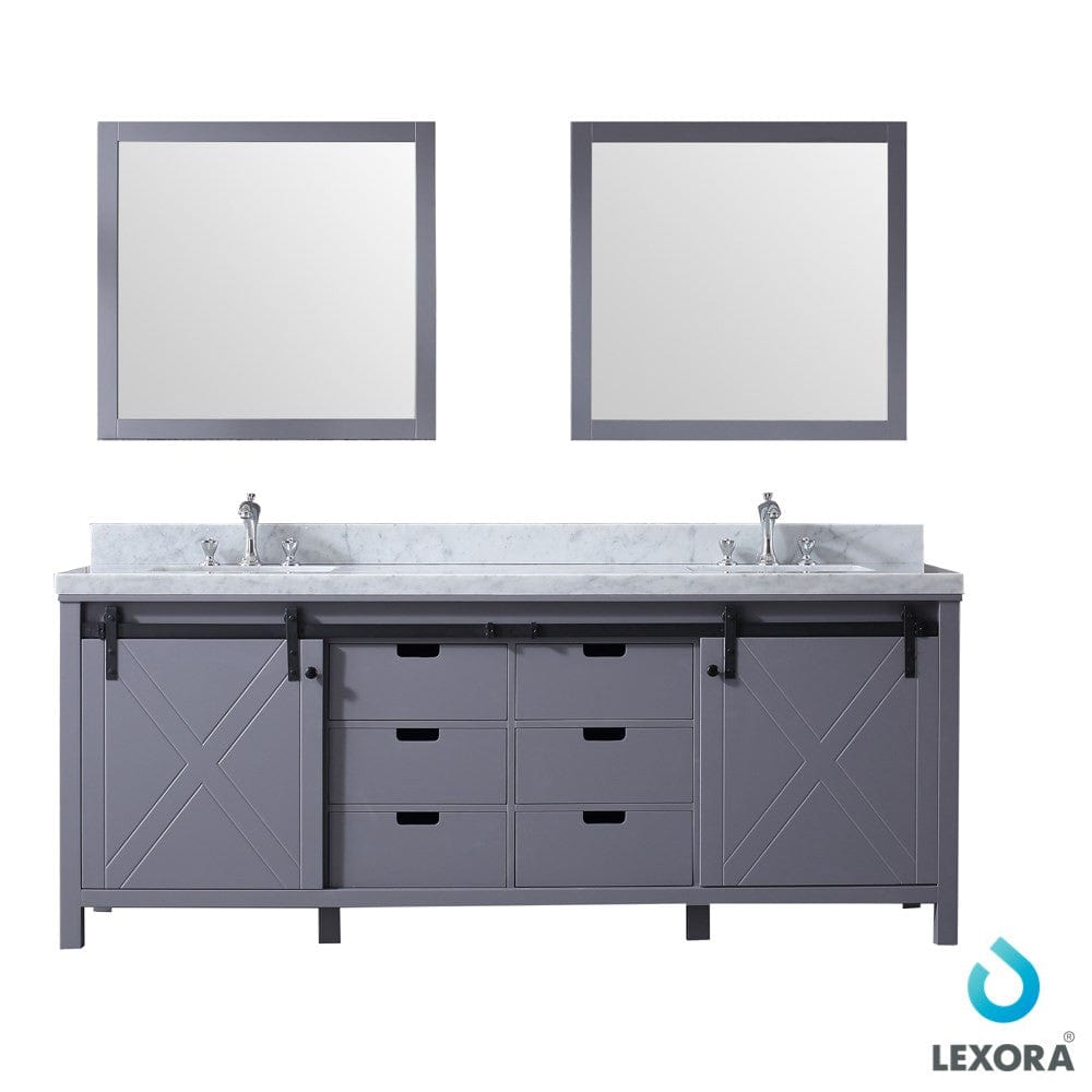 Lexora Marsyas 84" Dark Grey Double Vanity Set | White Carrara Marble Top | White Ceramic Square Undermount Sinks | 34" Mirrors