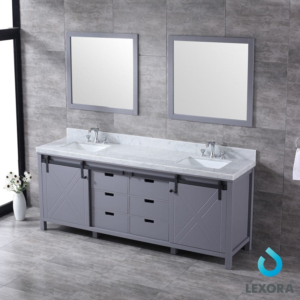 Lexora Marsyas 84" Dark Grey Double Vanity Set | White Carrara Marble Top | White Ceramic Square Undermount Sinks | 34" Mirrors