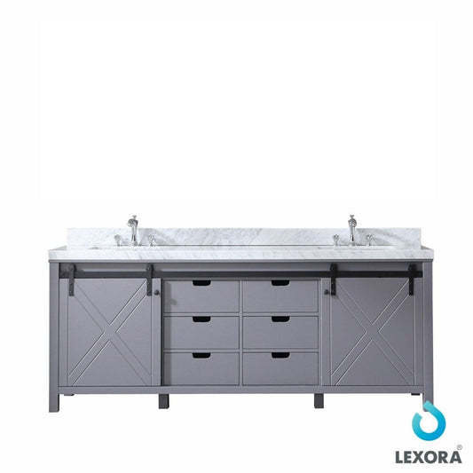 Lexora Marsyas 84" Dark Grey Double Vanity | White Carrara Marble Top | White Ceramic Square Undermount Sinks | No Mirror