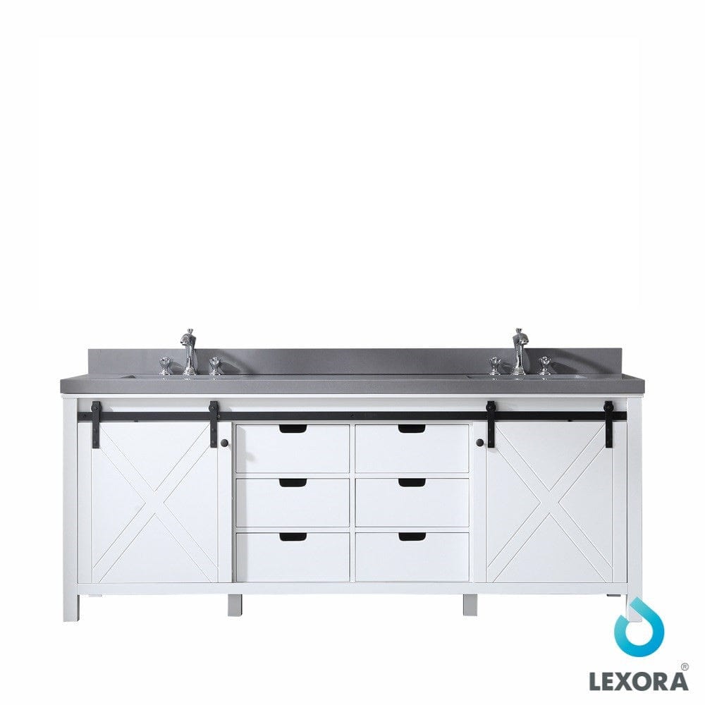 Lexora Marsyas 84" White Double Vanity | Grey Quartz Top | White Ceramic Square Undermount Sinks | No Mirror