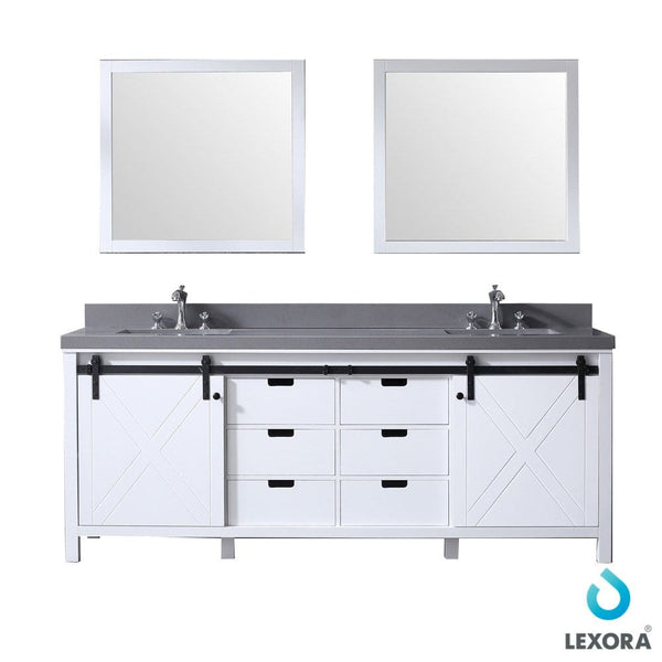 Lexora Marsyas 84 White Double Vanity Set in White | Grey Quartz Top | White Ceramic Square Undermount Sinks | 34 Mirrors