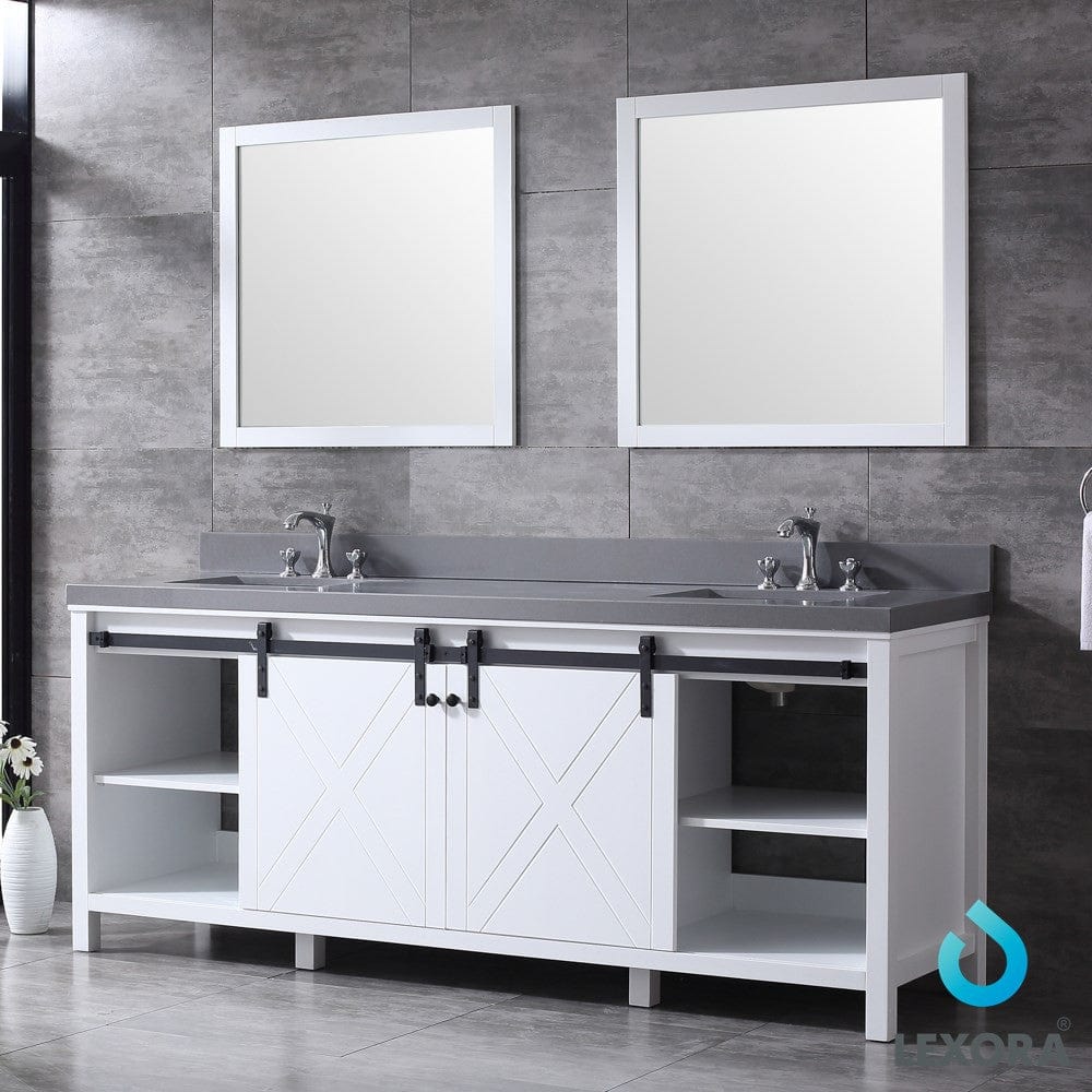 Lexora Marsyas 84" White Double Vanity Set in White | Grey Quartz Top | White Ceramic Square Undermount Sinks | 34" Mirrors