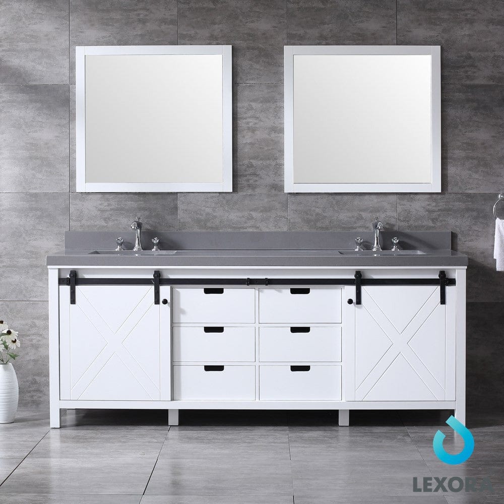 Lexora Marsyas 84" White Double Vanity Set in White | Grey Quartz Top | White Ceramic Square Undermount Sinks | 34" Mirrors