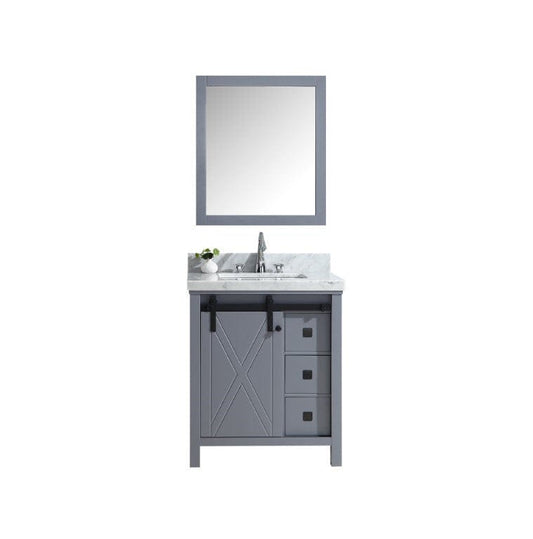 Lexora Marsyas Veluti 30" Dark Grey Single Vanity Set | White Carrara Marble Top | White Ceramic Square Undermount Sink | 28" Mirror