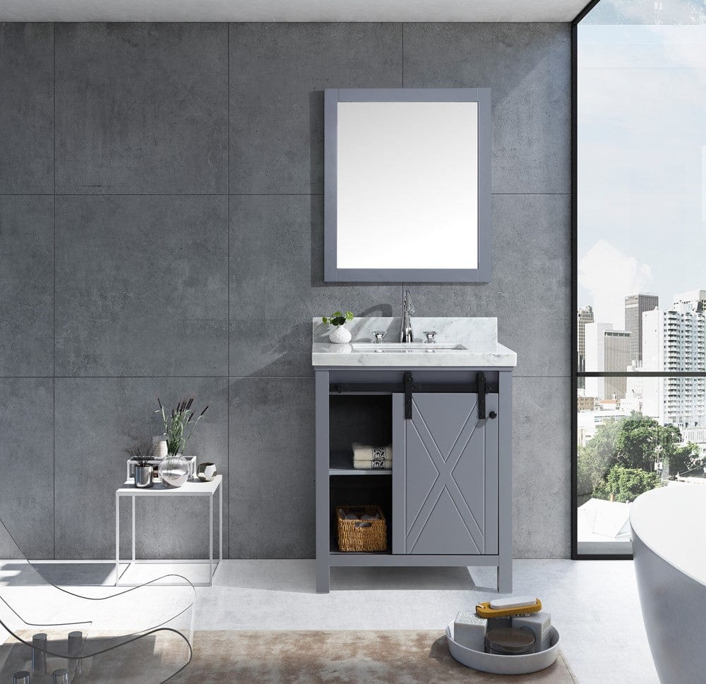 Lexora Marsyas Veluti 30" Dark Grey Single Vanity Set | White Carrara Marble Top | White Ceramic Square Undermount Sink | 28" Mirror