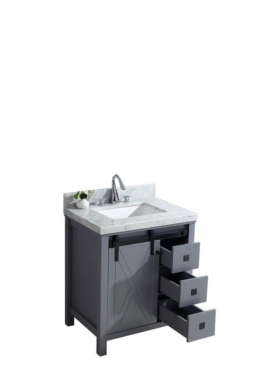 Lexora Marsyas Veluti 30" Dark Grey Single Vanity | White Carrara Marble Top | White Ceramic Square Undermount Sink | No Mirror