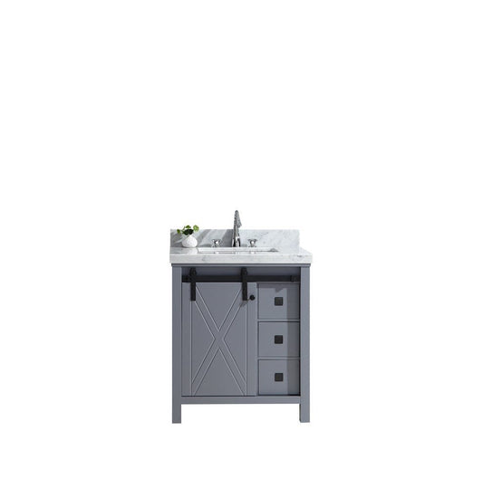 Lexora Marsyas Veluti 30" Dark Grey Single Vanity | White Carrara Marble Top | White Ceramic Square Undermount Sink | No Mirror