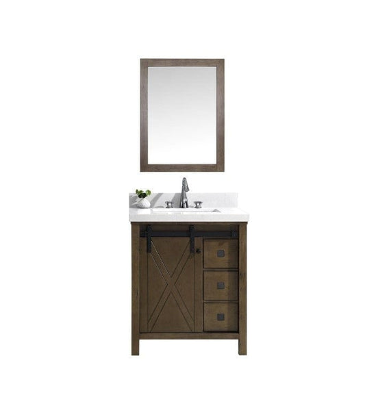 Lexora Marsyas Veluti 30" Rustic Brown Single Vanity Set | White Quartz Top | White Ceramic Square Undermount Sink | 28" Mirror