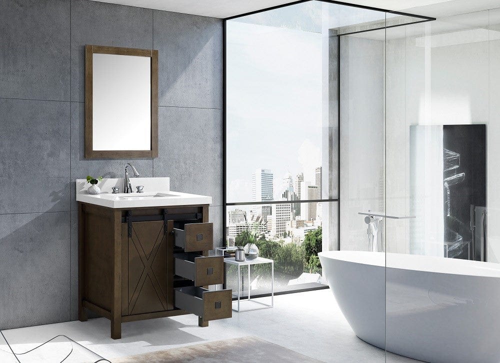 Lexora Marsyas Veluti 30" Rustic Brown Single Vanity Set | White Quartz Top | White Ceramic Square Undermount Sink | 28" Mirror