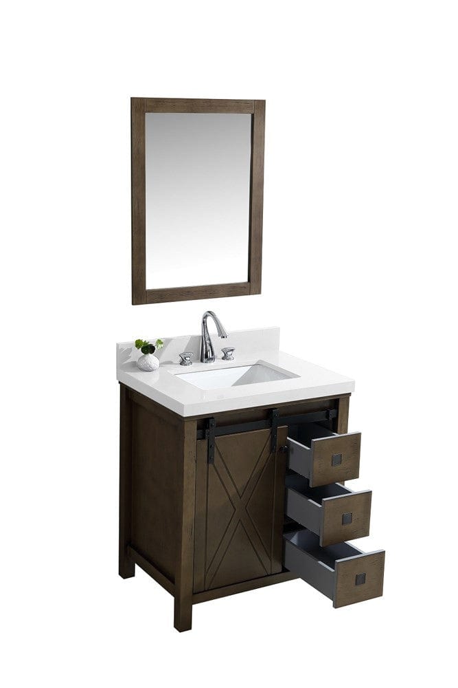 Lexora Marsyas Veluti 30" Rustic Brown Single Vanity Set | White Quartz Top | White Ceramic Square Undermount Sink | 28" Mirror