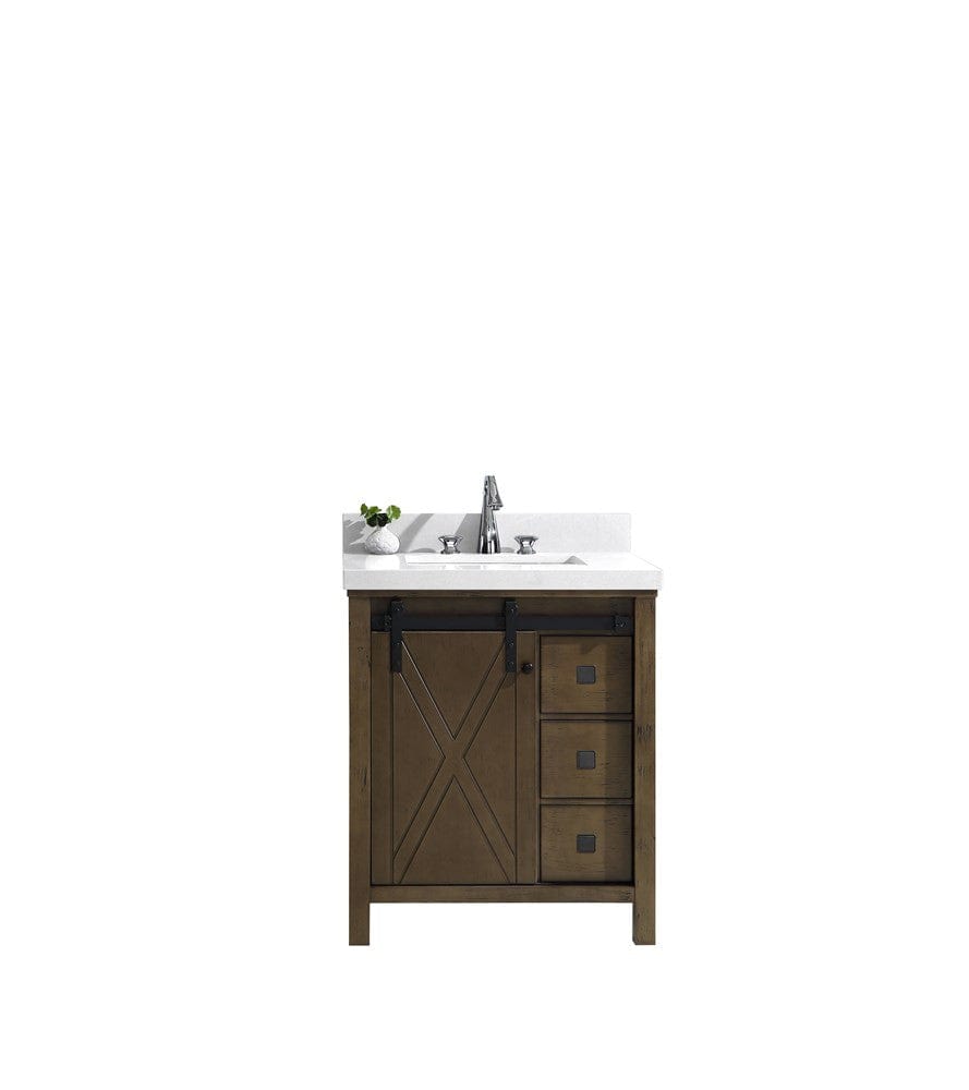 Lexora Marsyas Veluti 30" Rustic Brown Single Vanity | White Quartz Top | White Ceramic Square Undermount Sink | No Mirror