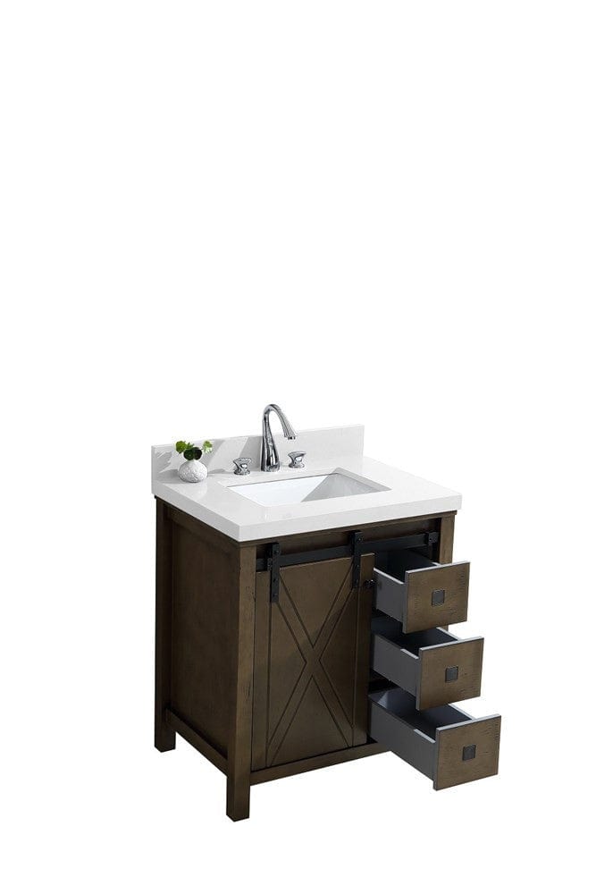 Lexora Marsyas Veluti 30" Rustic Brown Single Vanity | White Quartz Top | White Ceramic Square Undermount Sink | No Mirror