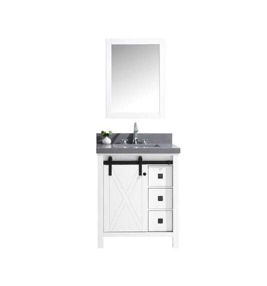 Lexora Marsyas Veluti 30" White Single Vanity Set | Grey Quartz Top | White Ceramic Square Undermount Sink | 28" Mirror