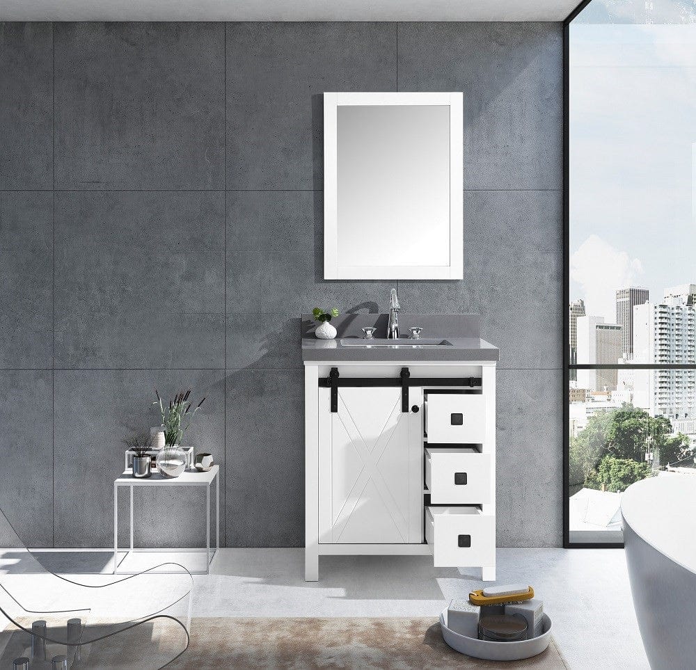 Lexora Marsyas Veluti 30" White Single Vanity Set | Grey Quartz Top | White Ceramic Square Undermount Sink | 28" Mirror