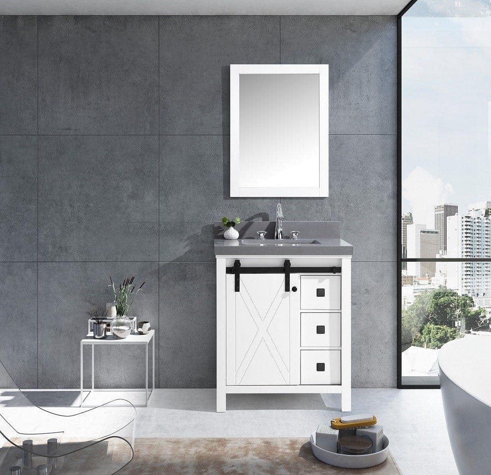 Lexora Marsyas Veluti 30" White Single Vanity Set | Grey Quartz Top | White Ceramic Square Undermount Sink | 28" Mirror