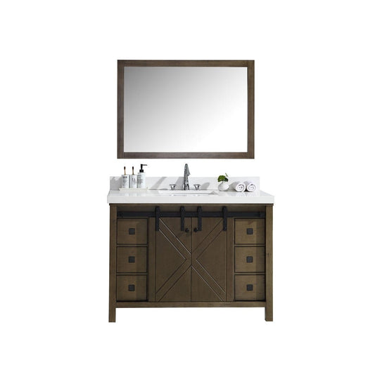 Lexora Vanities Lexora Marsyas Veluti 48" Rustic Brown Single Vanity Set | White Quartz Top | White Ceramic Square Undermount Sink | 44" Mirror