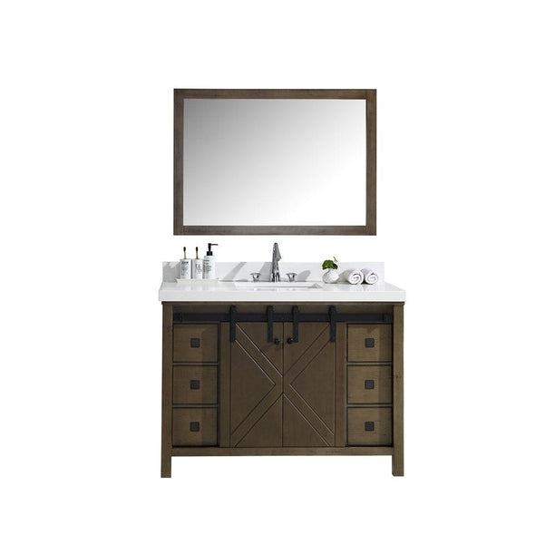 Lexora Marsyas Veluti 48 Rustic Brown Single Vanity Set | White Quartz Top | White Ceramic Square Undermount Sink | 44 Mirror