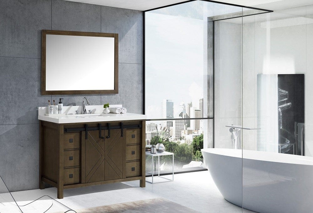 Lexora Marsyas Veluti 48" Rustic Brown Single Vanity Set | White Quartz Top | White Ceramic Square Undermount Sink | 44" Mirror