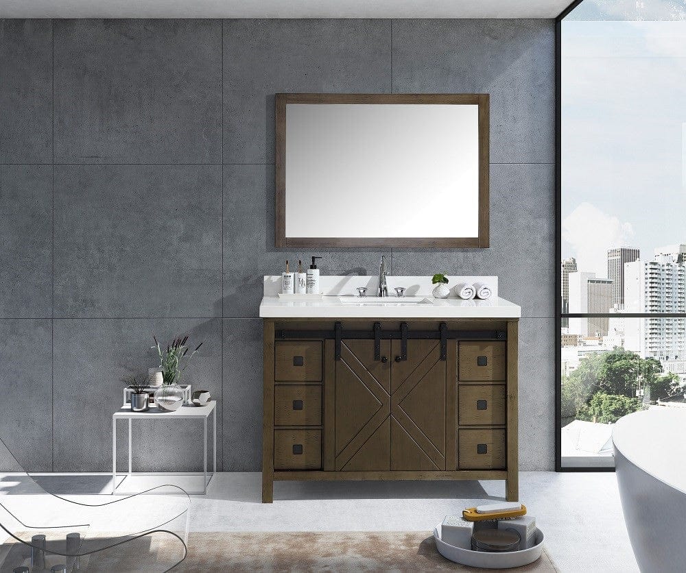 Lexora Marsyas Veluti 48" Rustic Brown Single Vanity Set | White Quartz Top | White Ceramic Square Undermount Sink | 44" Mirror