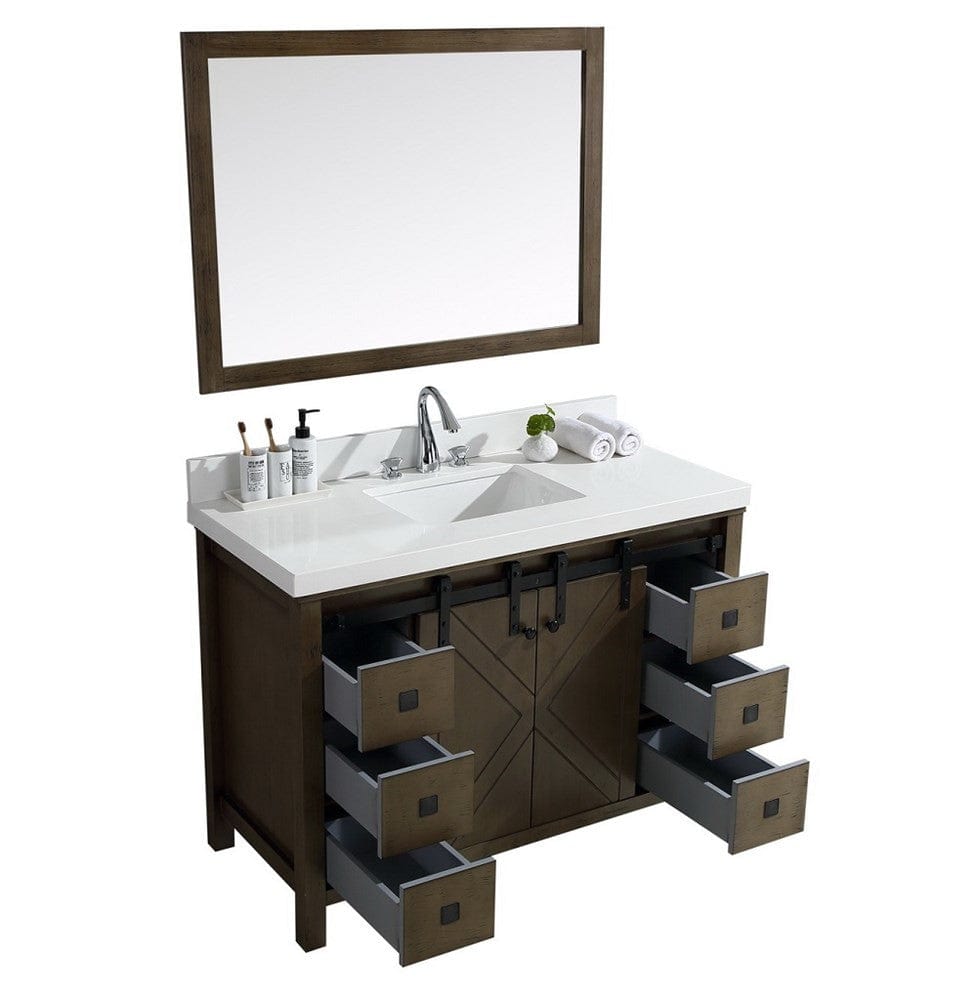 Lexora Marsyas Veluti 48" Rustic Brown Single Vanity Set | White Quartz Top | White Ceramic Square Undermount Sink | 44" Mirror