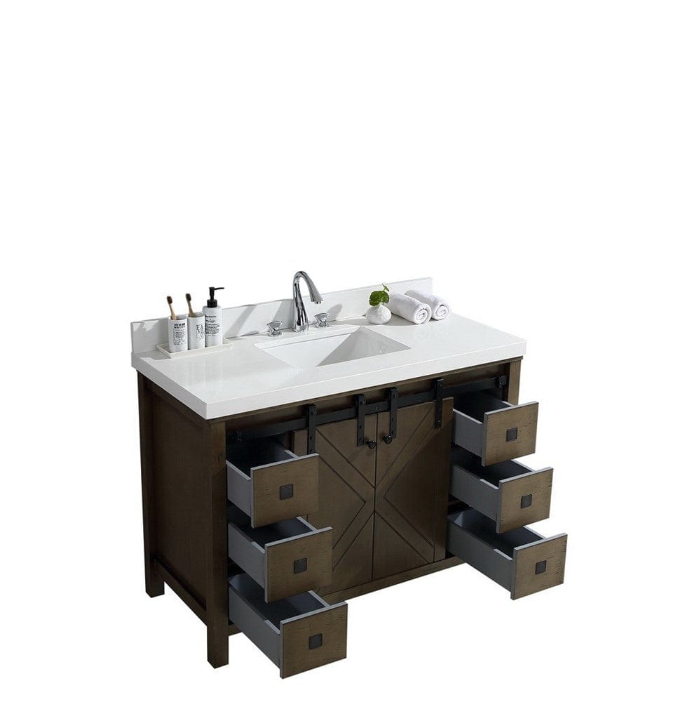 Lexora Marsyas Veluti 48" Rustic Brown Single Vanity | White Quartz Top | White Ceramic Square Undermount Sink | No Mirror