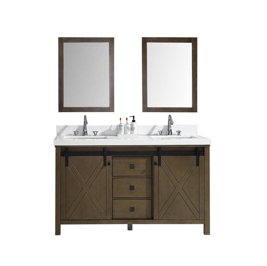 Lexora Vanities Lexora Marsyas Veluti 60" Rustic Brown Double Vanity Set | White Quartz Top | White Ceramic Square Undermount Sinks | 24" Mirrors