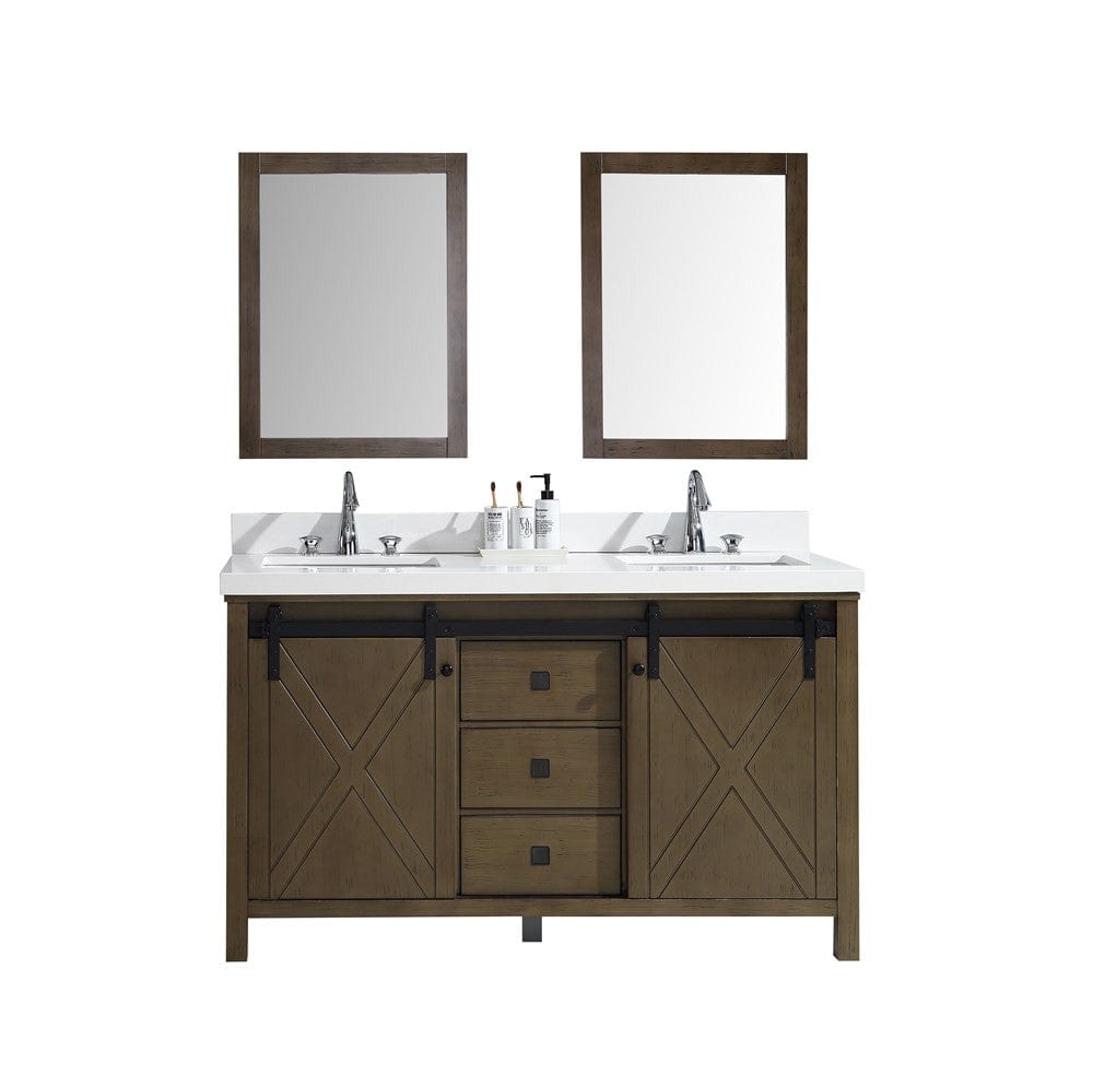 Lexora Marsyas Veluti 60" Rustic Brown Double Vanity Set | White Quartz Top | White Ceramic Square Undermount Sinks | 24" Mirrors