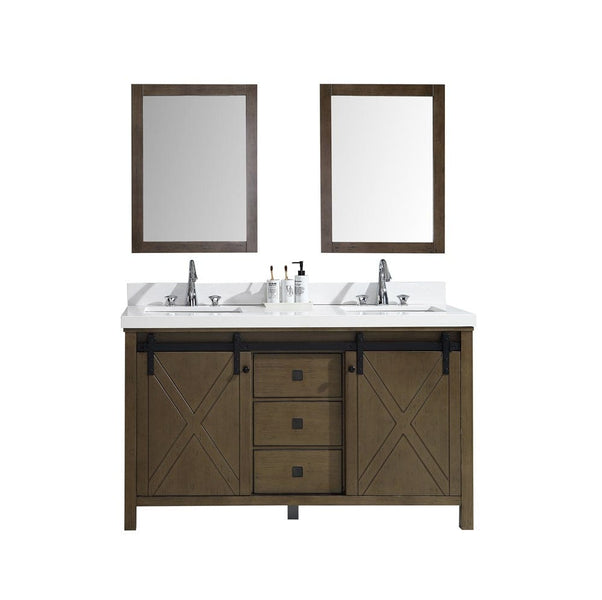 Lexora Marsyas Veluti 60 Rustic Brown Double Vanity Set | White Quartz Top | White Ceramic Square Undermount Sinks | 24 Mirrors