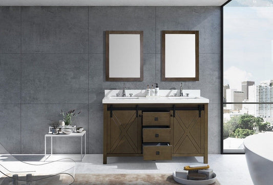 Lexora Marsyas Veluti 60" Rustic Brown Double Vanity Set | White Quartz Top | White Ceramic Square Undermount Sinks | 24" Mirrors