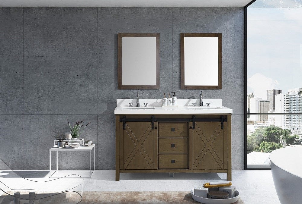 Lexora Marsyas Veluti 60" Rustic Brown Double Vanity Set | White Quartz Top | White Ceramic Square Undermount Sinks | 24" Mirrors