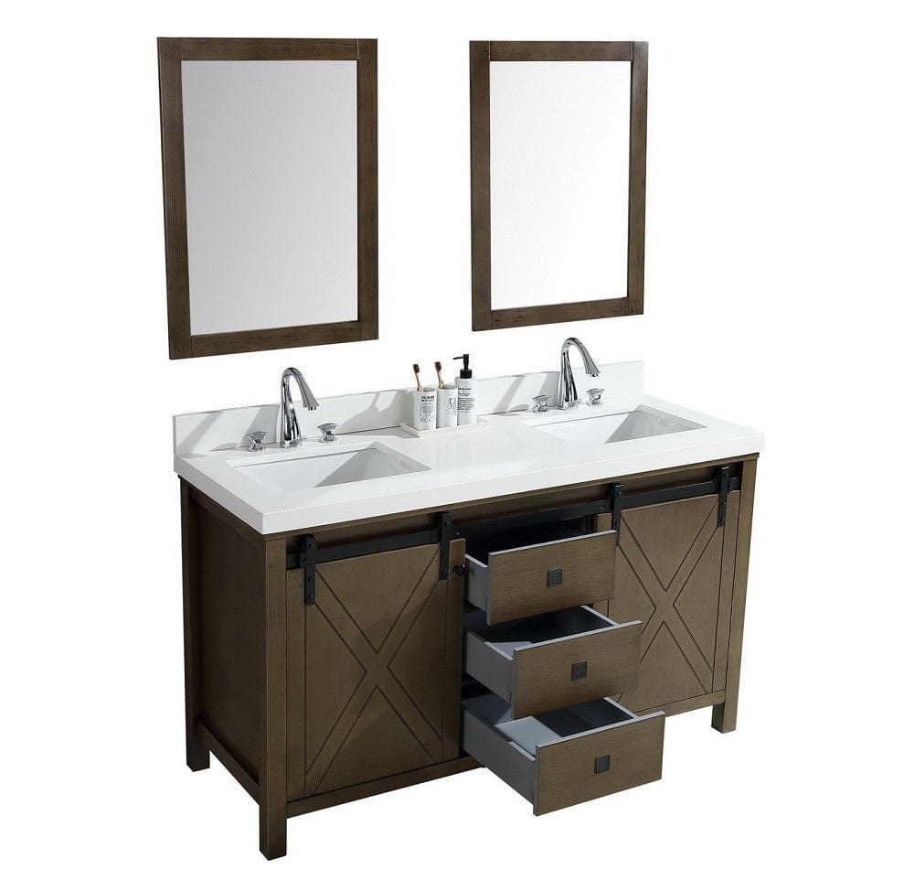 Lexora Marsyas Veluti 60" Rustic Brown Double Vanity Set | White Quartz Top | White Ceramic Square Undermount Sinks | 24" Mirrors