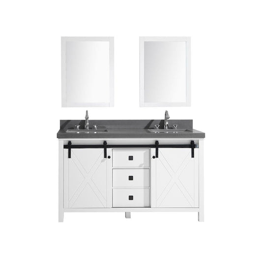 Lexora Marsyas Veluti 60" White Double Vanity Set | Grey Quartz Top | White Ceramic Square Undermount Sinks | 24" Mirrors