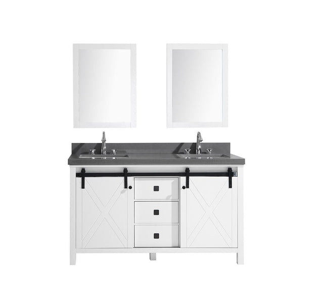 Lexora Marsyas Veluti 60 White Double Vanity Set | Grey Quartz Top | White Ceramic Square Undermount Sinks | 24 Mirrors