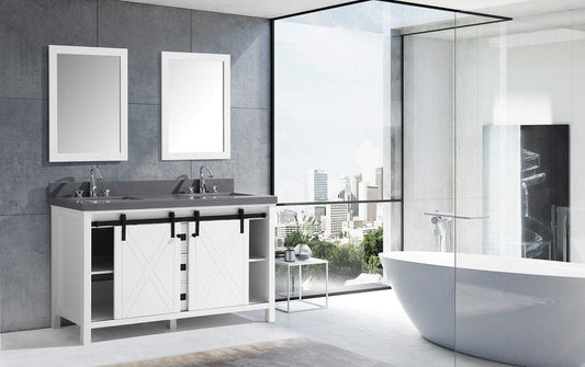 Lexora Marsyas Veluti 60" White Double Vanity Set | Grey Quartz Top | White Ceramic Square Undermount Sinks | 24" Mirrors