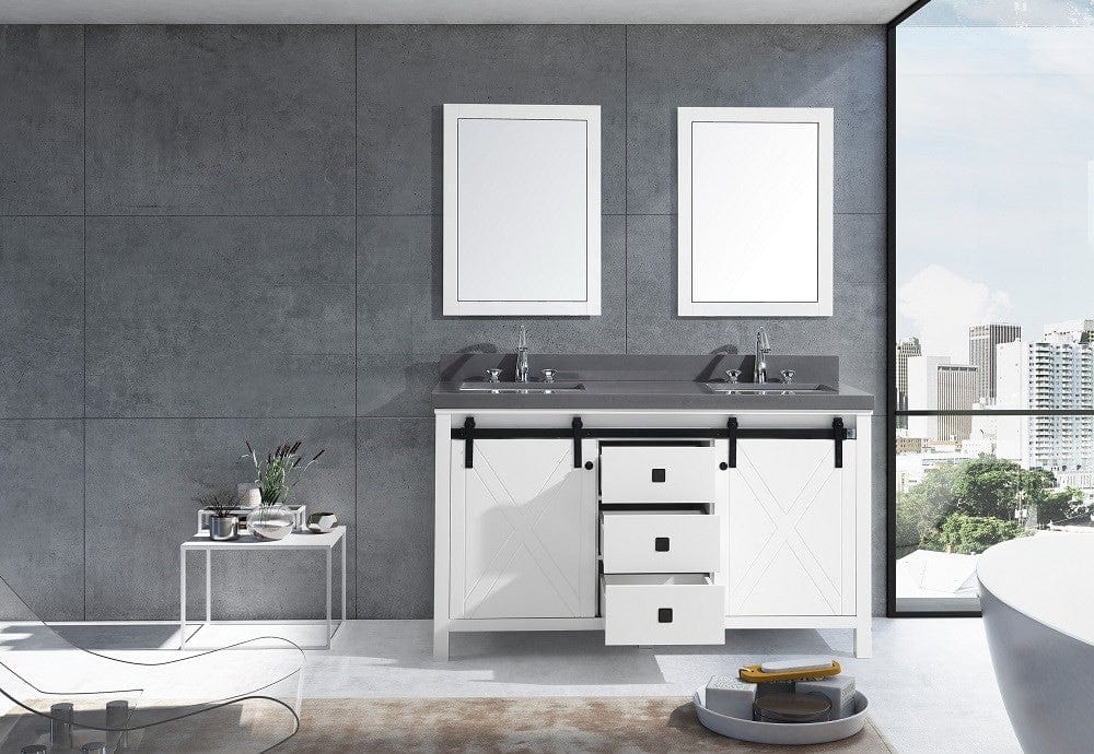 Lexora Marsyas Veluti 60" White Double Vanity Set | Grey Quartz Top | White Ceramic Square Undermount Sinks | 24" Mirrors