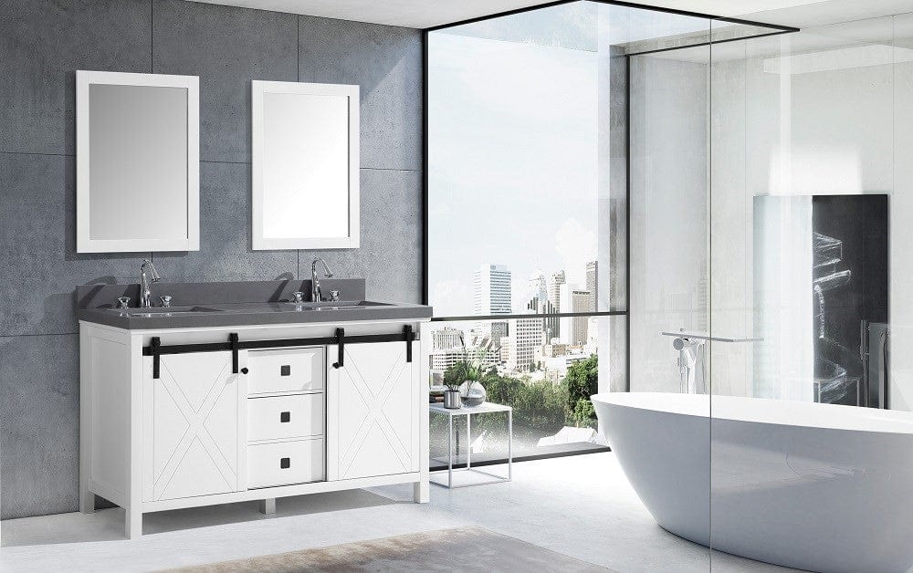 Lexora Marsyas Veluti 60" White Double Vanity Set | Grey Quartz Top | White Ceramic Square Undermount Sinks | 24" Mirrors