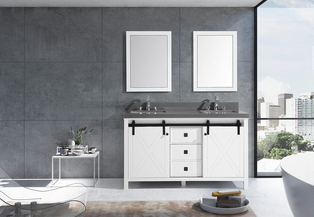 Lexora Marsyas Veluti 60" White Double Vanity Set | Grey Quartz Top | White Ceramic Square Undermount Sinks | 24" Mirrors