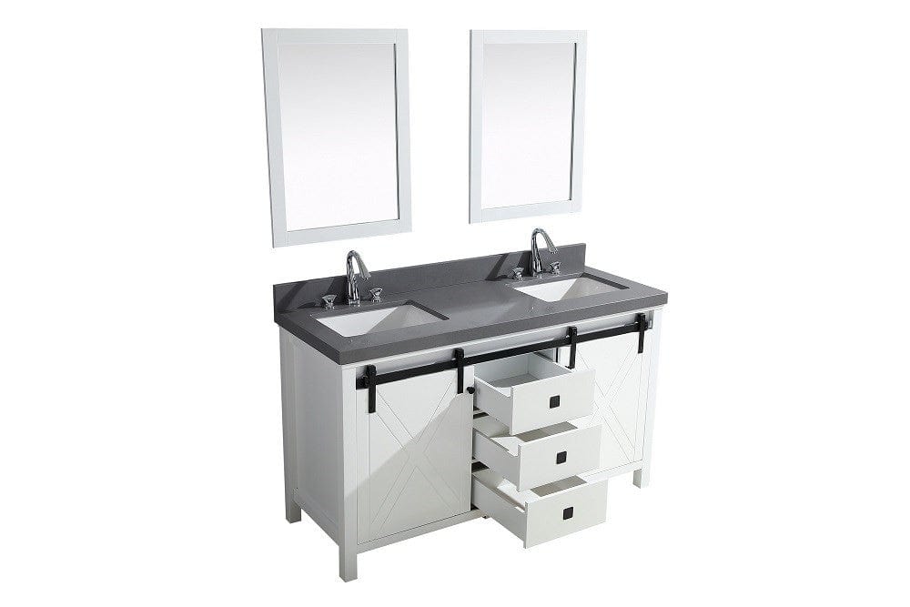 Lexora Marsyas Veluti 60" White Double Vanity Set | Grey Quartz Top | White Ceramic Square Undermount Sinks | 24" Mirrors