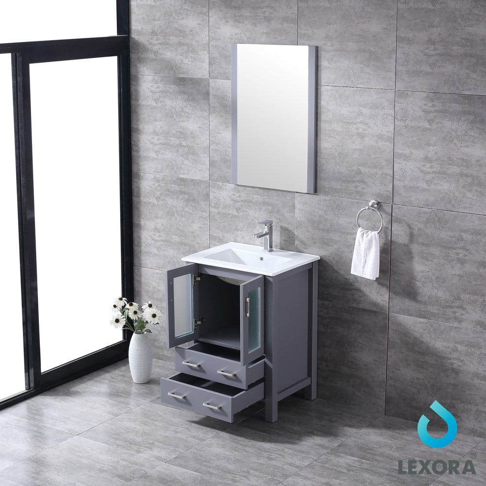 Lexora Volez 24" Dark Grey Single Vanity Set | Integrated Ceramic Top | White Ceramic Integrated Square Sink | 22" Mirror