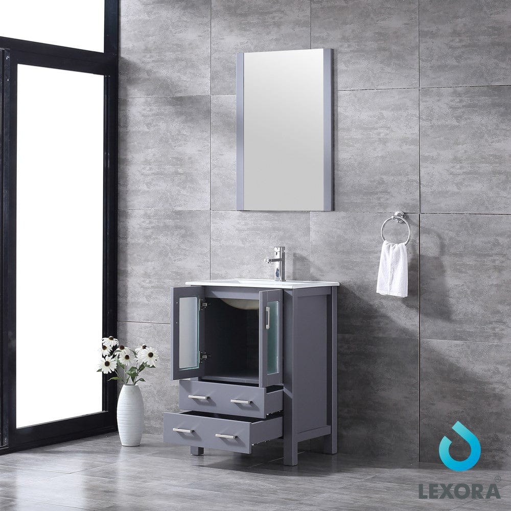 Lexora Volez 24" Dark Grey Single Vanity Set | Integrated Ceramic Top | White Ceramic Integrated Square Sink | 22" Mirror