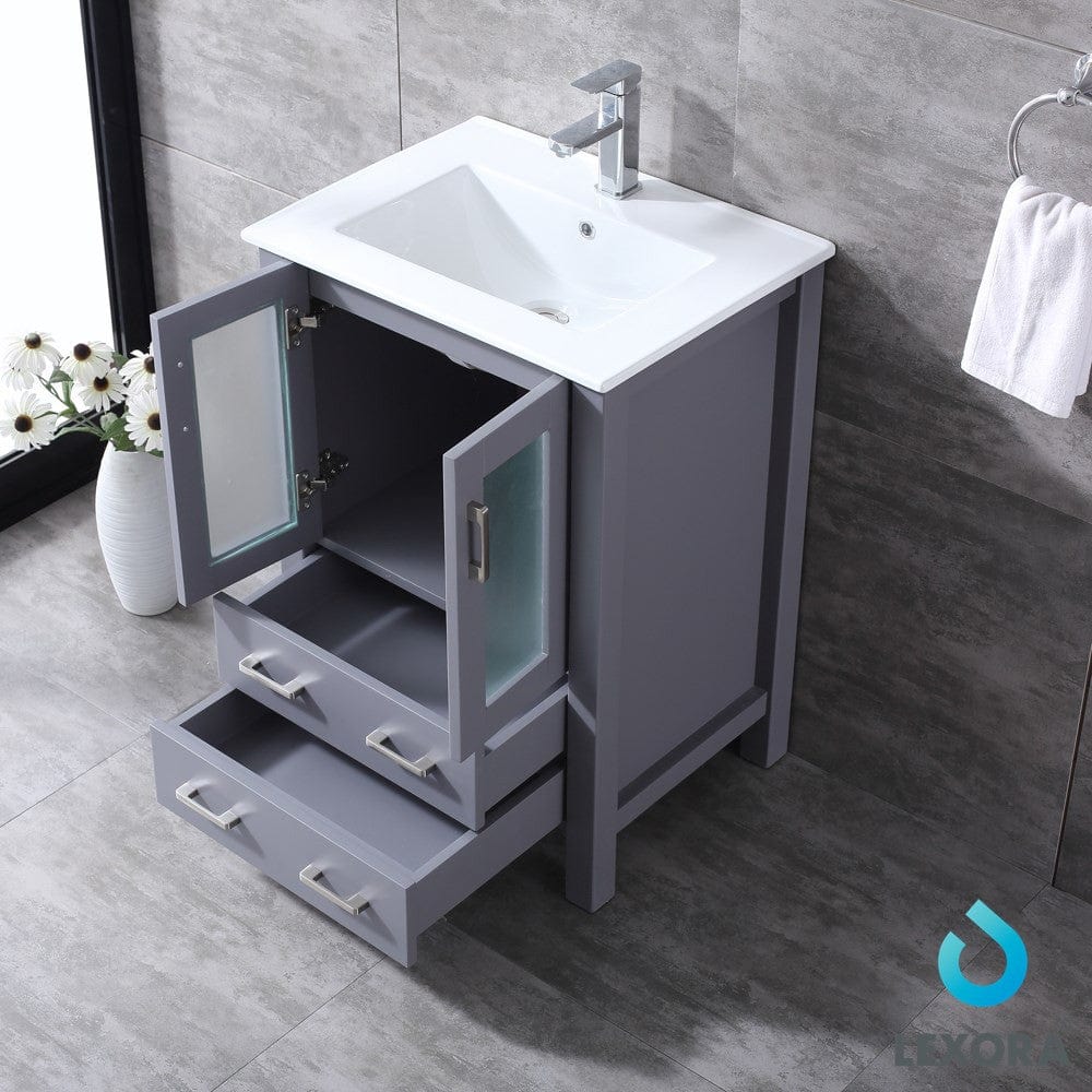 Lexora Volez 24" Dark Grey Single Vanity Set | Integrated Ceramic Top | White Ceramic Integrated Square Sink | 22" Mirror