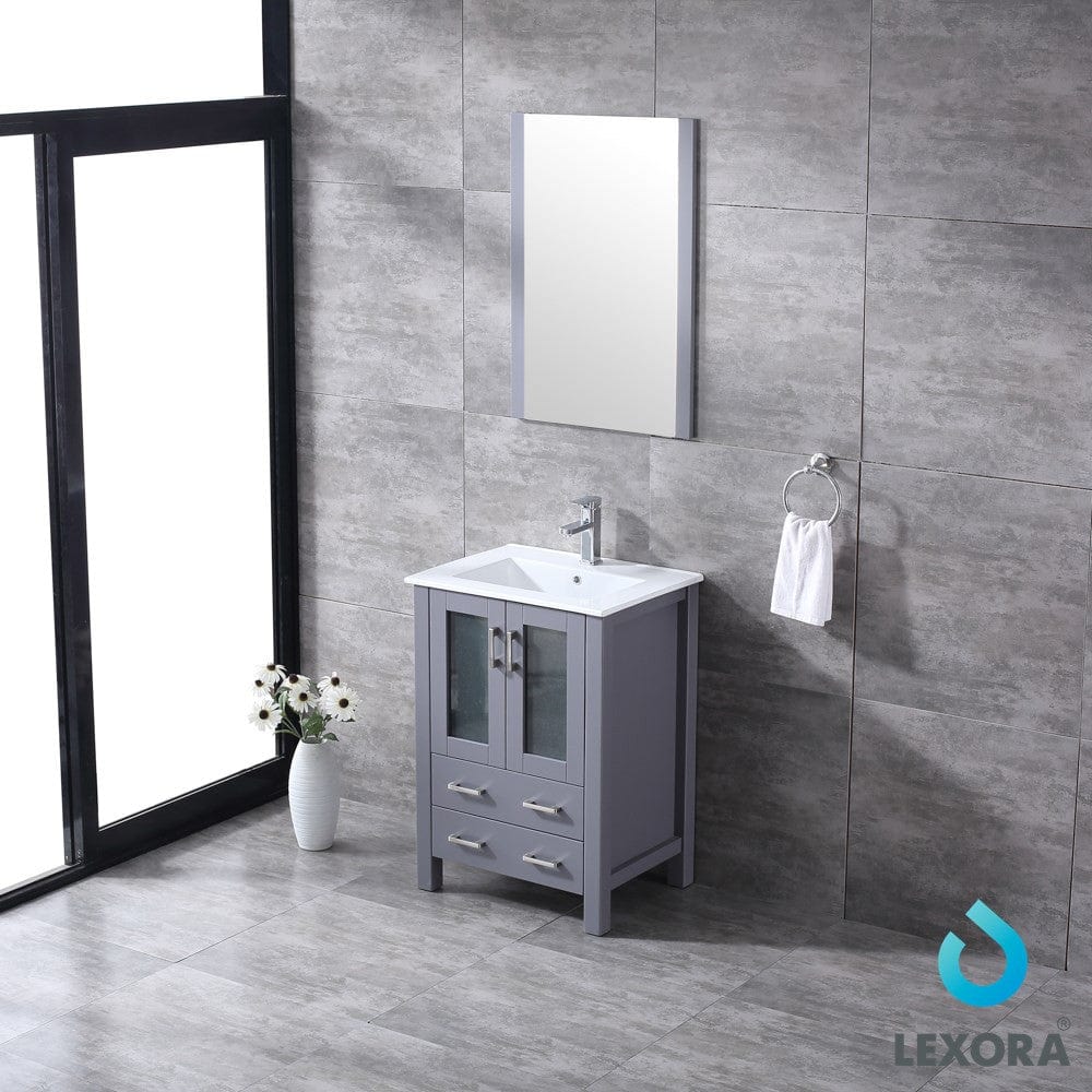 Lexora Volez 24" Dark Grey Single Vanity Set | Integrated Ceramic Top | White Ceramic Integrated Square Sink | 22" Mirror