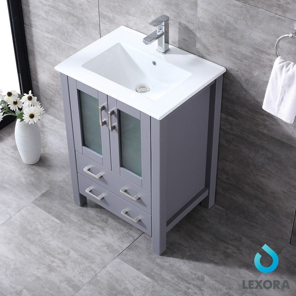 Lexora Volez 24" Dark Grey Single Vanity Set | Integrated Ceramic Top | White Ceramic Integrated Square Sink | 22" Mirror