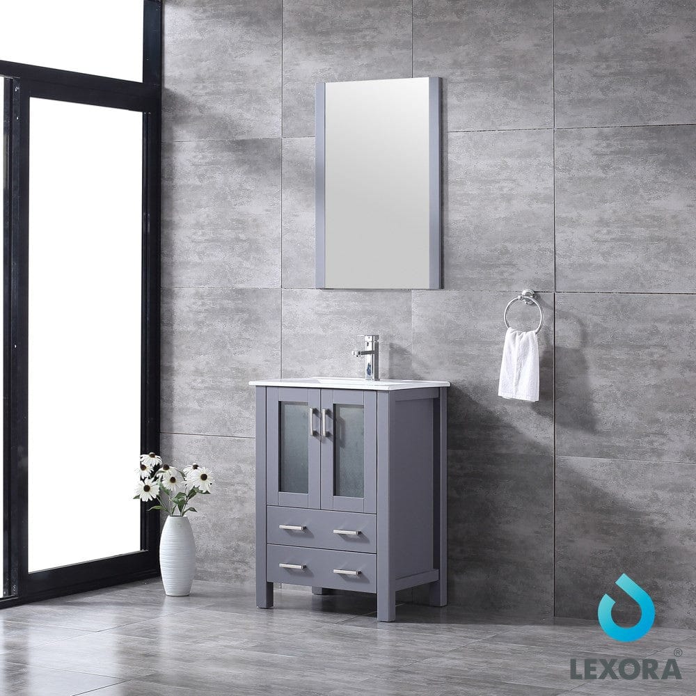 Lexora Volez 24" Dark Grey Single Vanity Set | Integrated Ceramic Top | White Ceramic Integrated Square Sink | 22" Mirror