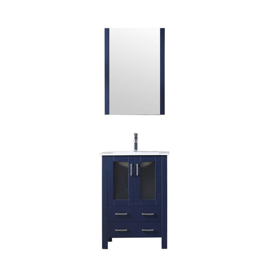 Lexora Volez 24" Navy Blue Single Vanity Set | Integrated Ceramic Top | White Ceramic Integrated Square Sink | 22" Mirror