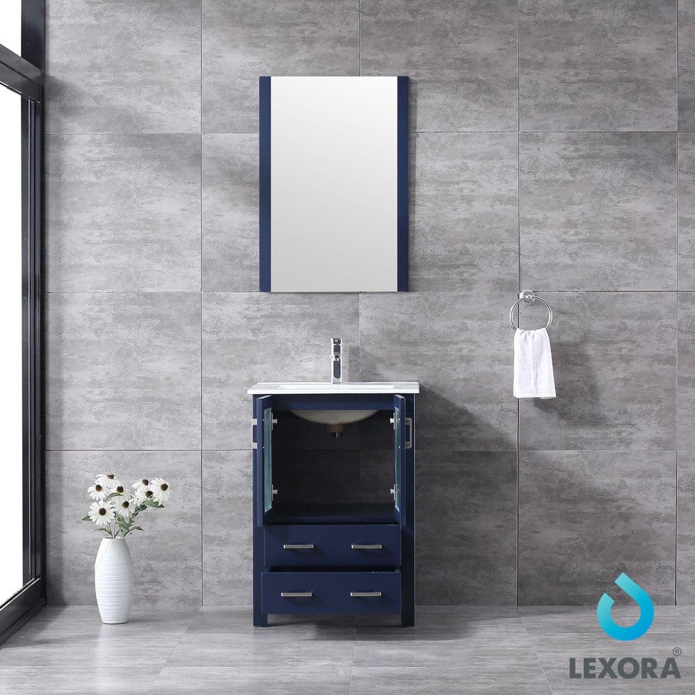 Lexora Volez 24" Navy Blue Single Vanity Set | Integrated Ceramic Top | White Ceramic Integrated Square Sink | 22" Mirror