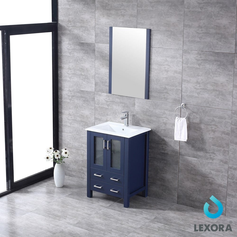 Lexora Volez 24" Navy Blue Single Vanity Set | Integrated Ceramic Top | White Ceramic Integrated Square Sink | 22" Mirror
