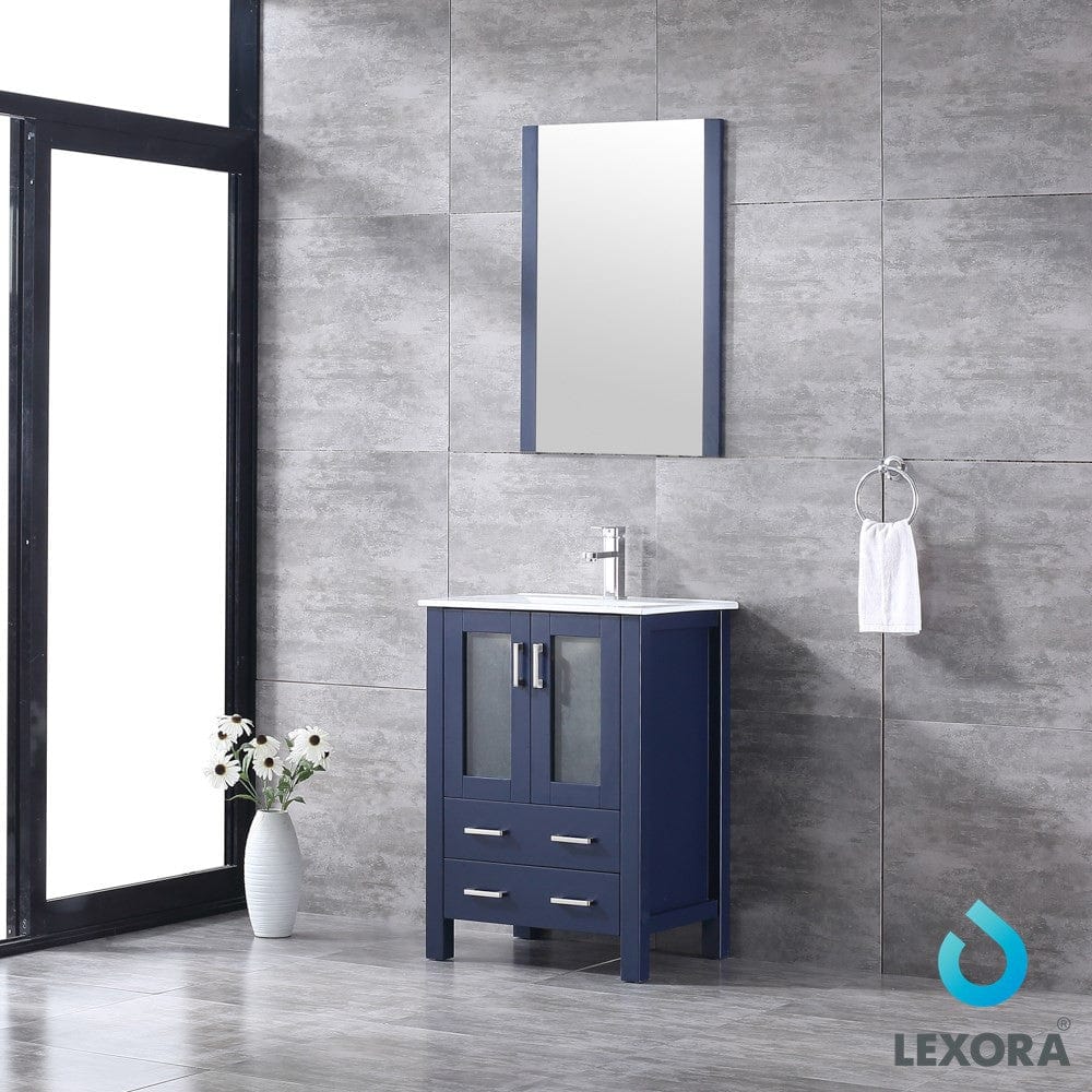 Lexora Volez 24" Navy Blue Single Vanity Set | Integrated Ceramic Top | White Ceramic Integrated Square Sink | 22" Mirror